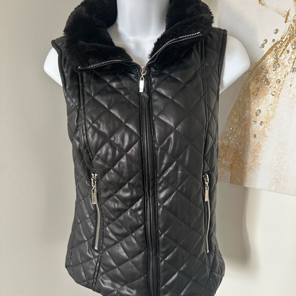 Guess Black Faux Leather Quilted Vest with Fur Collar